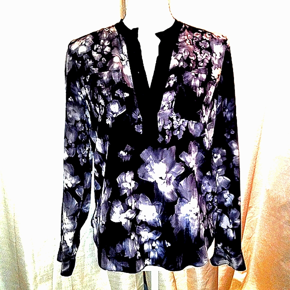 Rebecca Taylor Ghost Flower Silk Long Sleeved Button Top